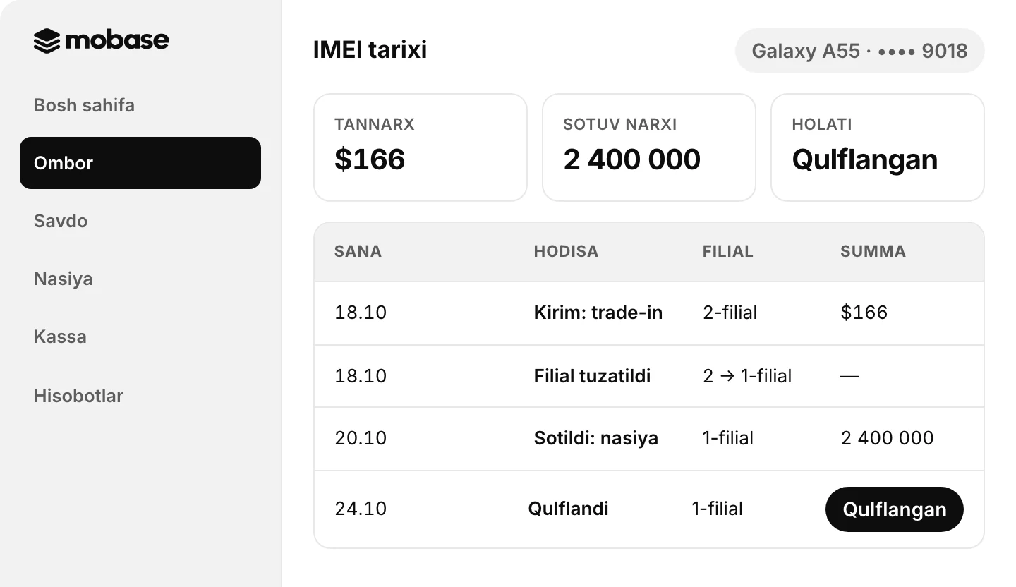Mobase: telefon kartasi — IMEI tarixi, narx va qulf holati