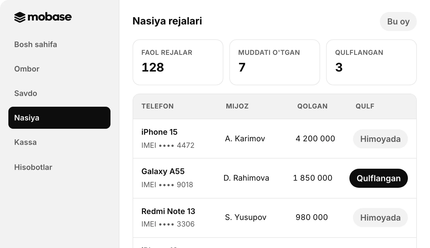 Mobase: nasiya rejalari va muddati o'tgan to'lovlar